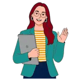 Ilustración de docente digital saludando y sujetando un portátil.